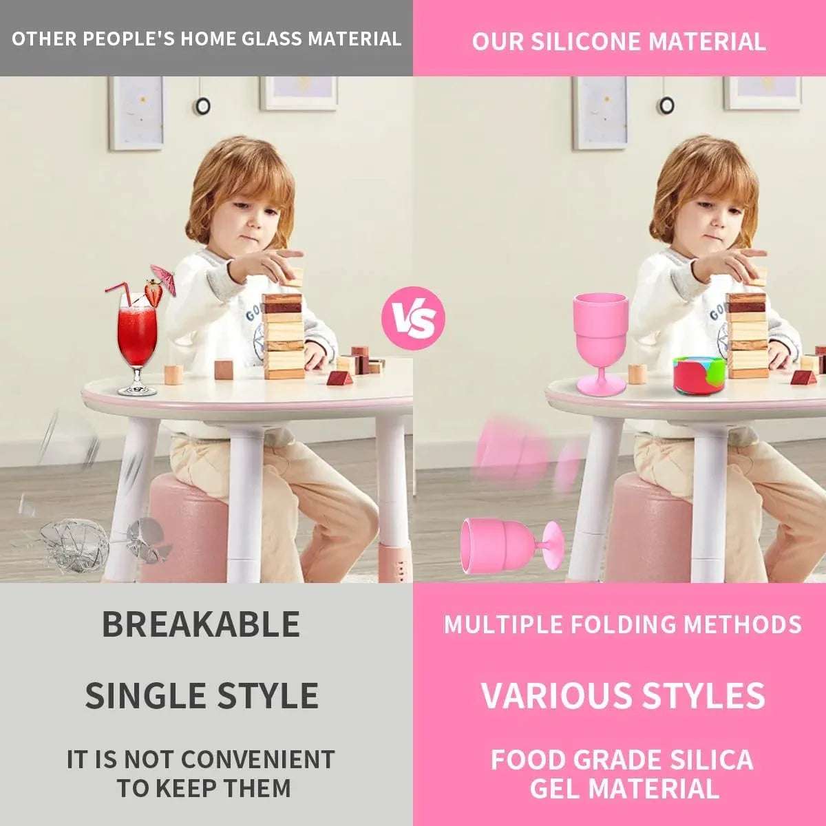 2 Pack Collapsible Silicone Wine Glasses, BPA Free Travel Cups for Camping Picnics, Pink