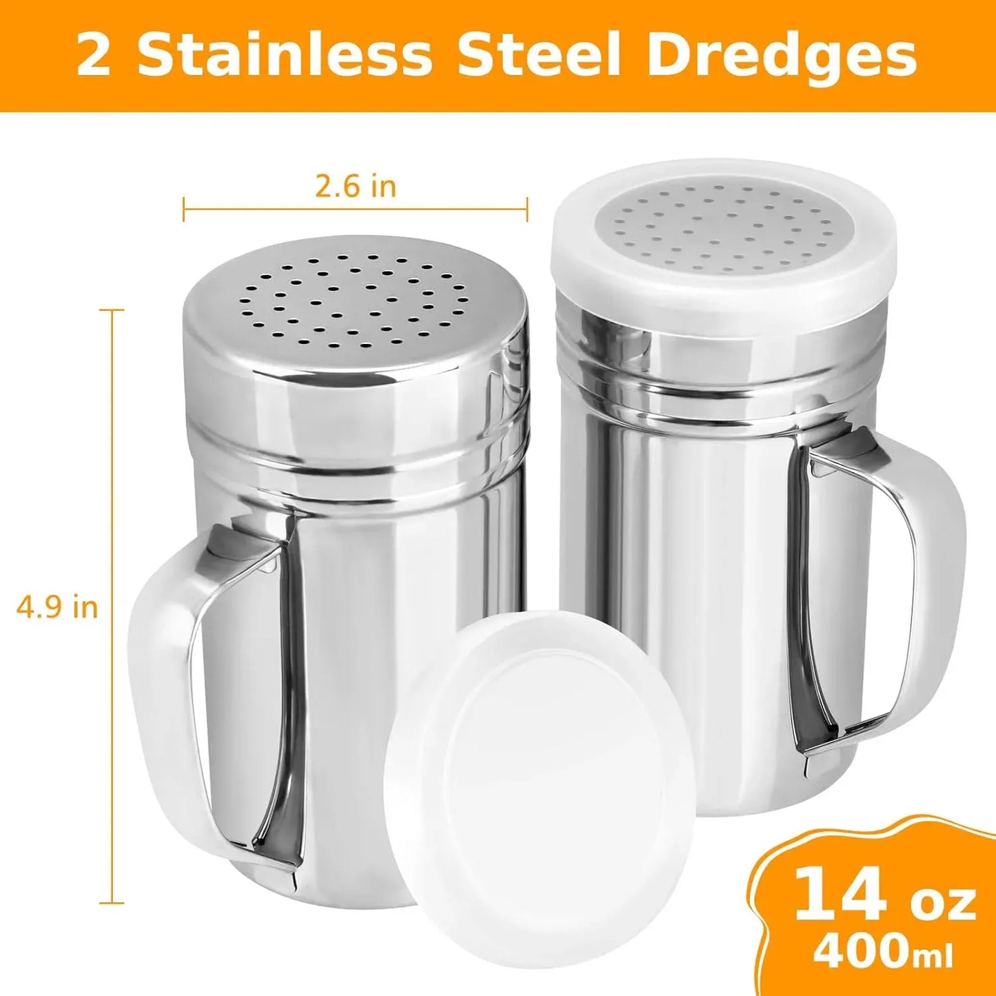2 Pack Stainless Steel Dredge Shakers, 14 Oz Flour Spice Salt Pepper Shakers with Handle