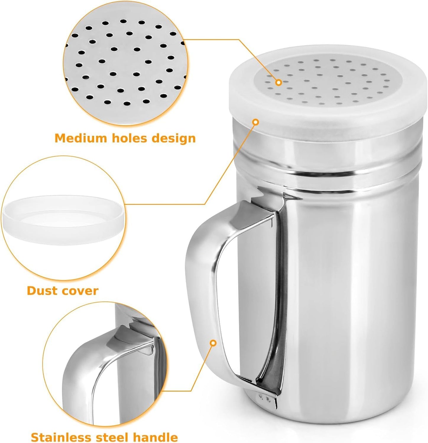 2 Pack Stainless Steel Dredge Shakers, 14 Oz Flour Spice Salt Pepper Shakers with Handle