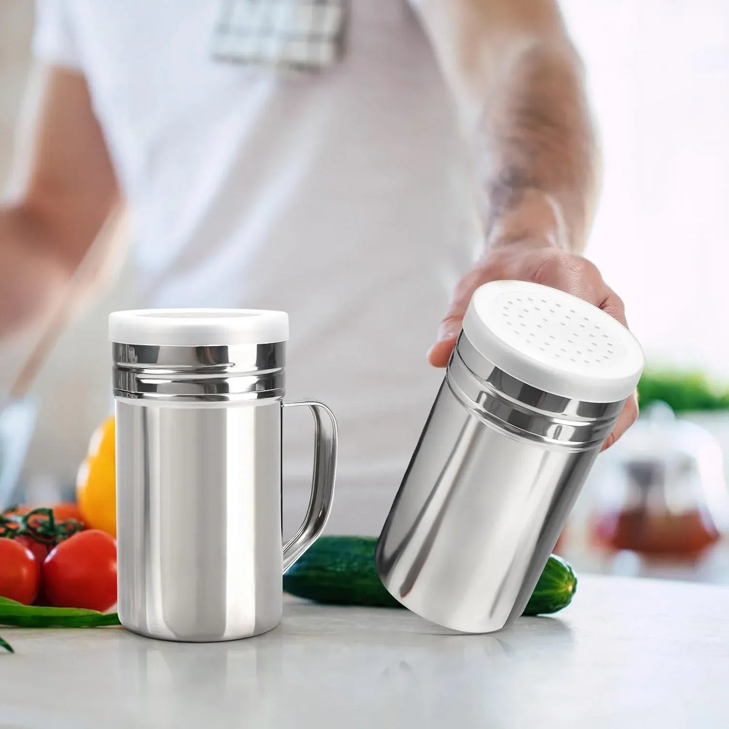 2 Pack Stainless Steel Dredge Shakers, 14 Oz Flour Spice Salt Pepper Shakers with Handle