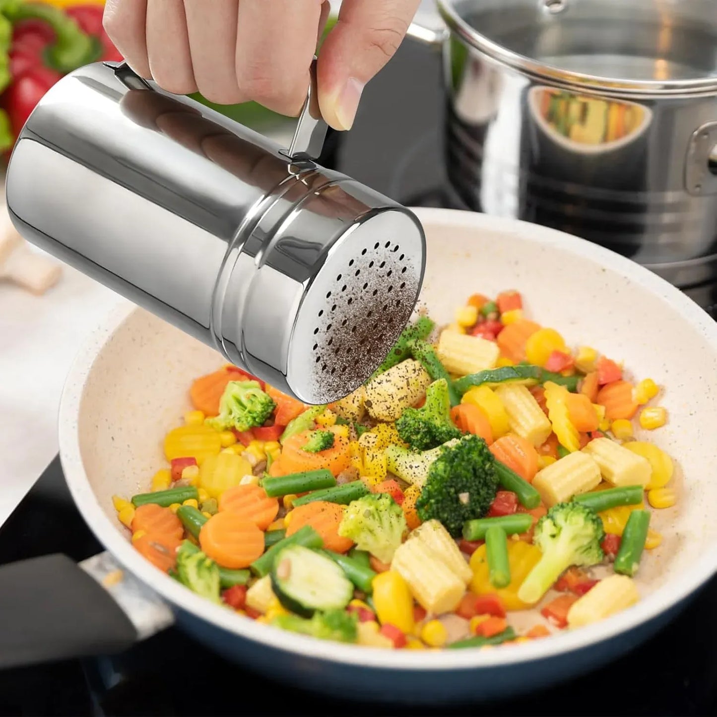 2 Pack Stainless Steel Dredge Shakers, 14 Oz Flour Spice Salt Pepper Shakers with Handle