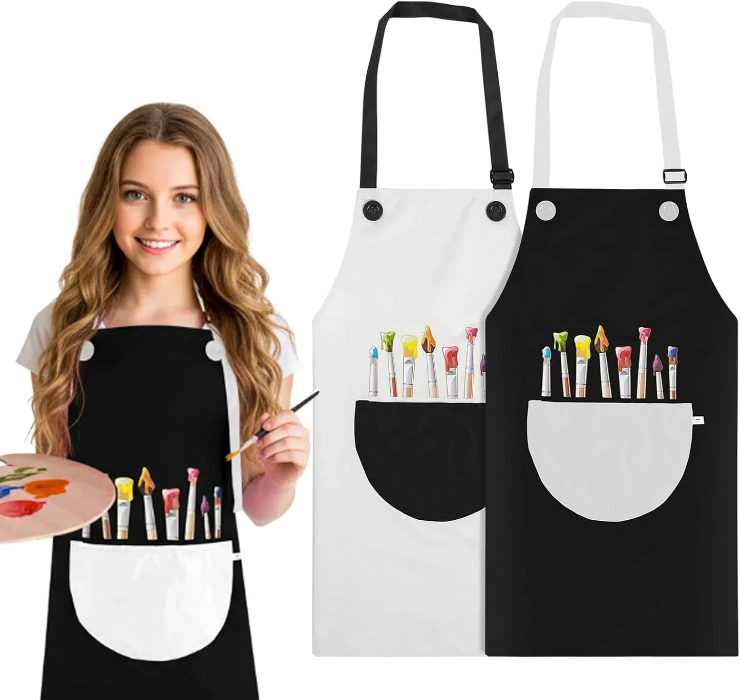 2 Pack Kids Art Aprons, Waterproof Adjustable Bib Aprons with Pockets, Black White Age 6-8