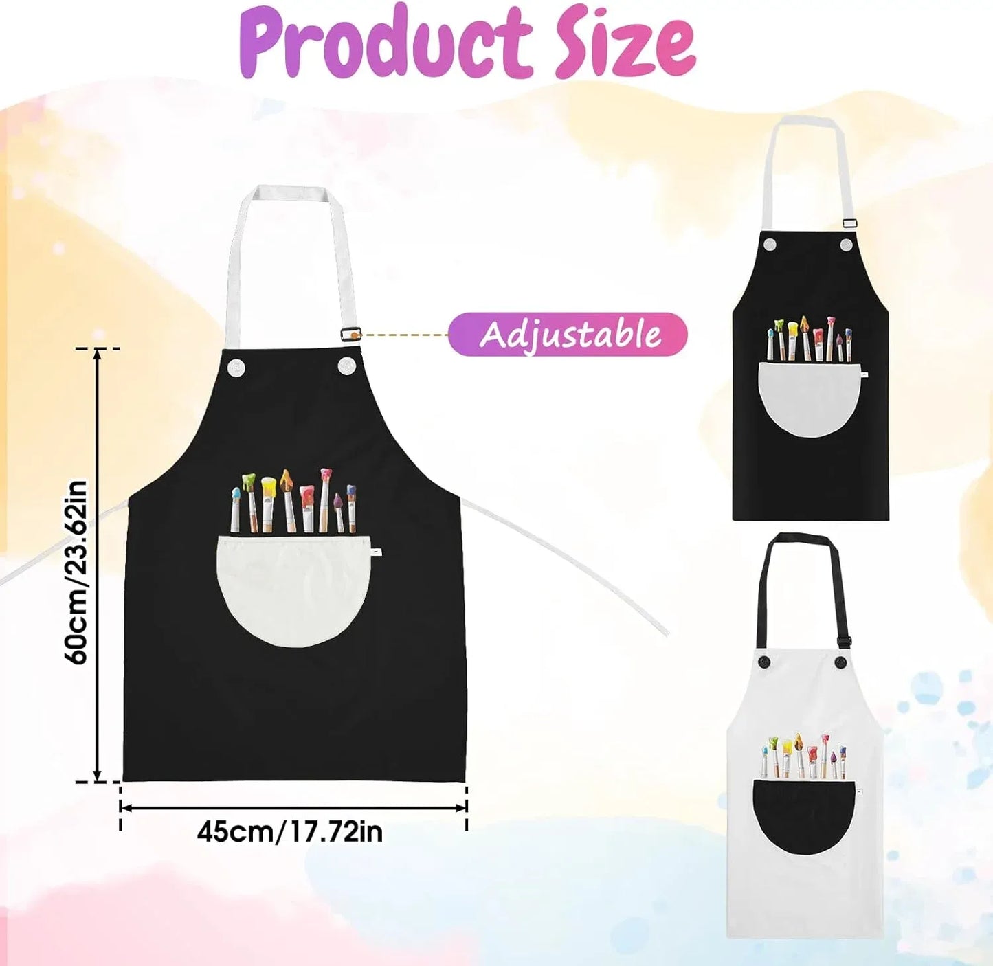 2 Pack Kids Art Aprons, Waterproof Adjustable Bib Aprons with Pockets, Black White Age 6-8