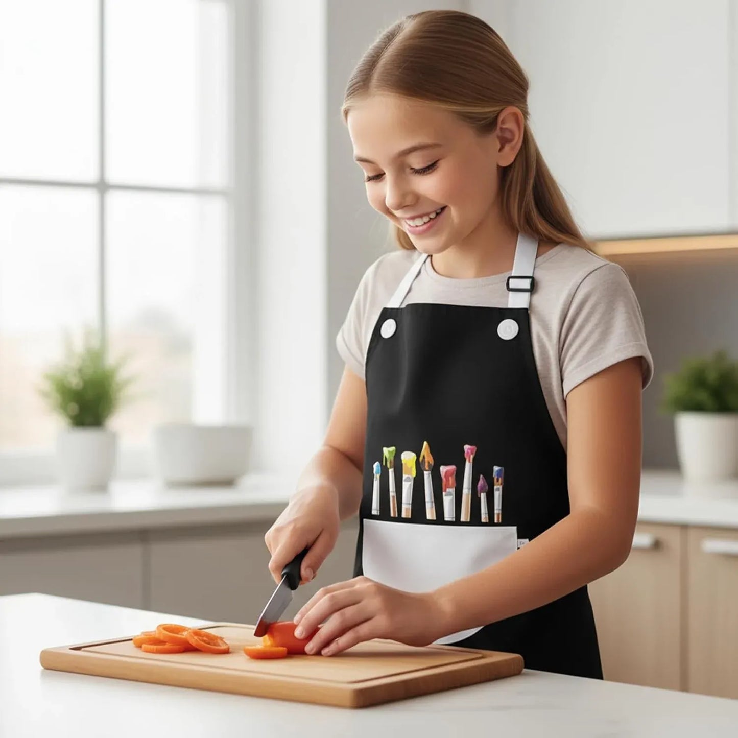 2 Pack Kids Art Aprons, Waterproof Adjustable Bib Aprons with Pockets, Black White Age 6-8