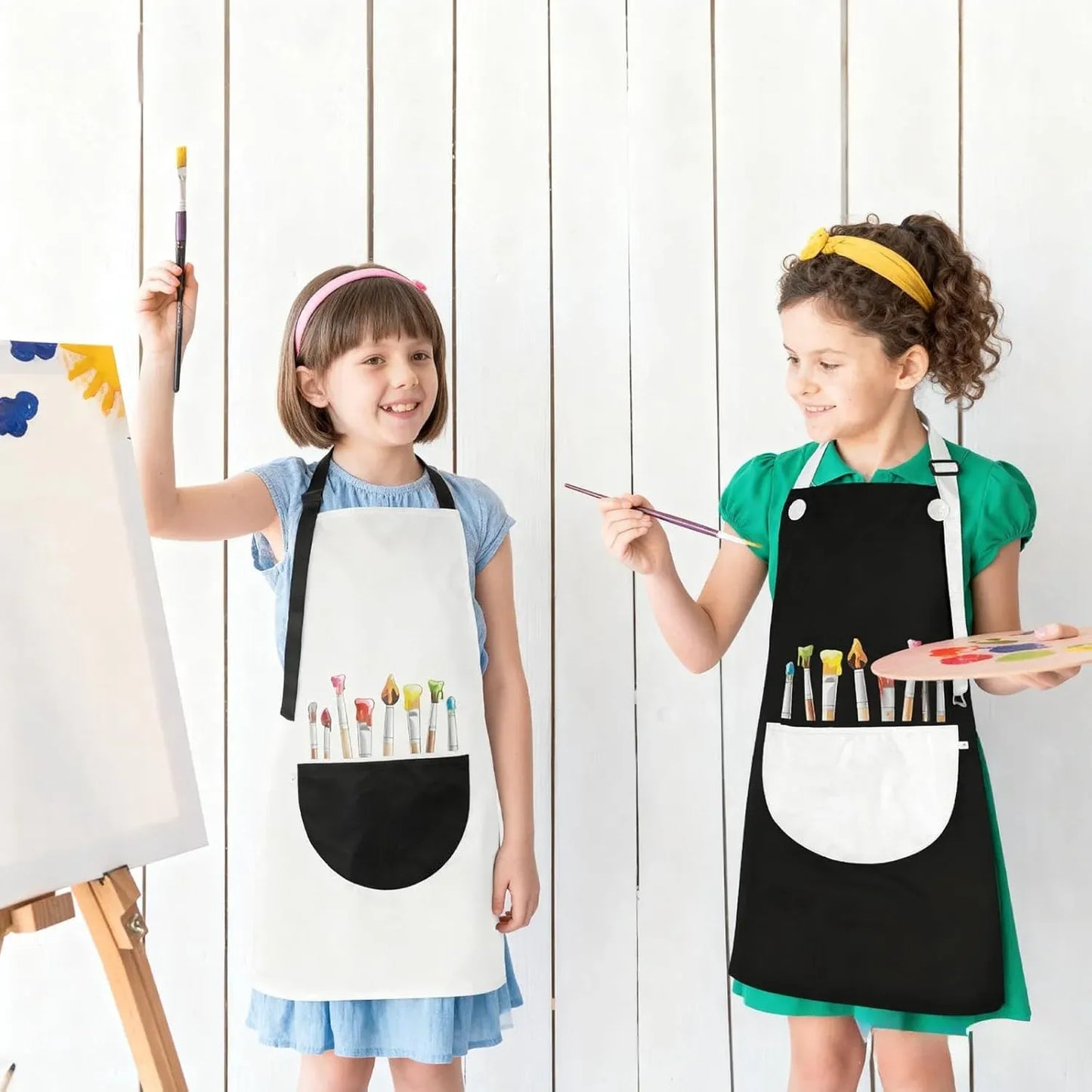 2 Pack Kids Art Aprons, Waterproof Adjustable Bib Aprons with Pockets, Black White Age 6-8