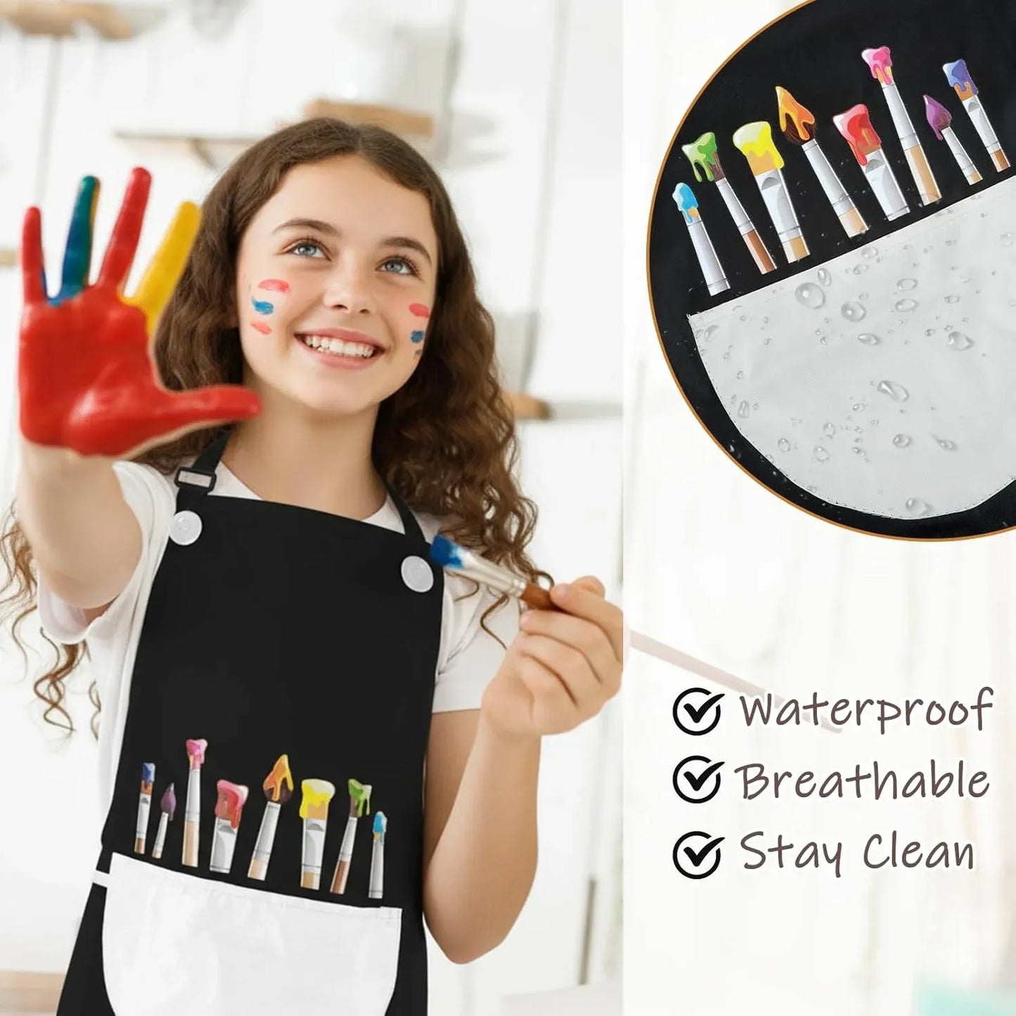 2 Pack Kids Art Aprons, Waterproof Adjustable Bib Aprons with Pockets, Black White Age 6-8