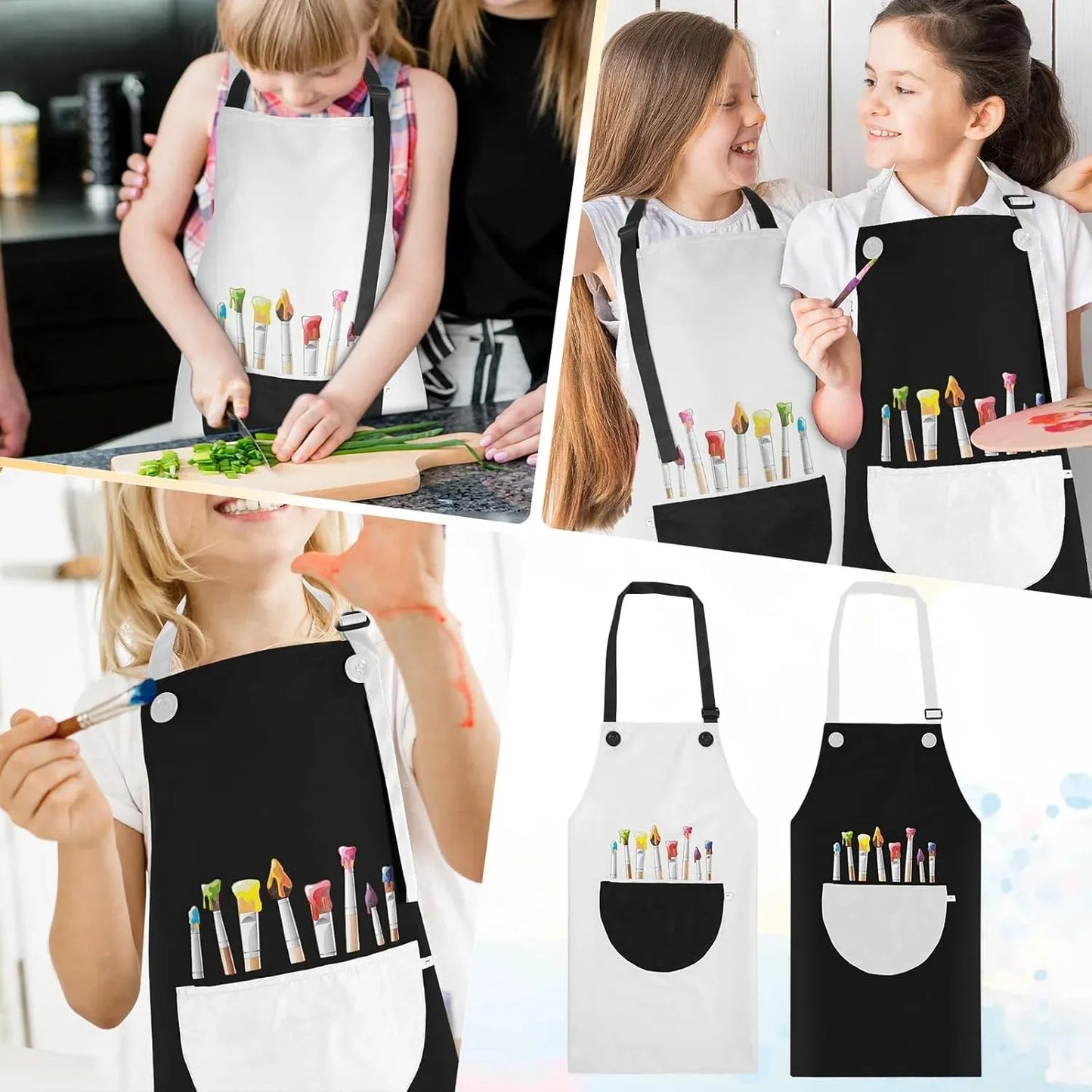 2 Pack Kids Art Aprons, Waterproof Adjustable Bib Aprons with Pockets, Black White Age 6-8