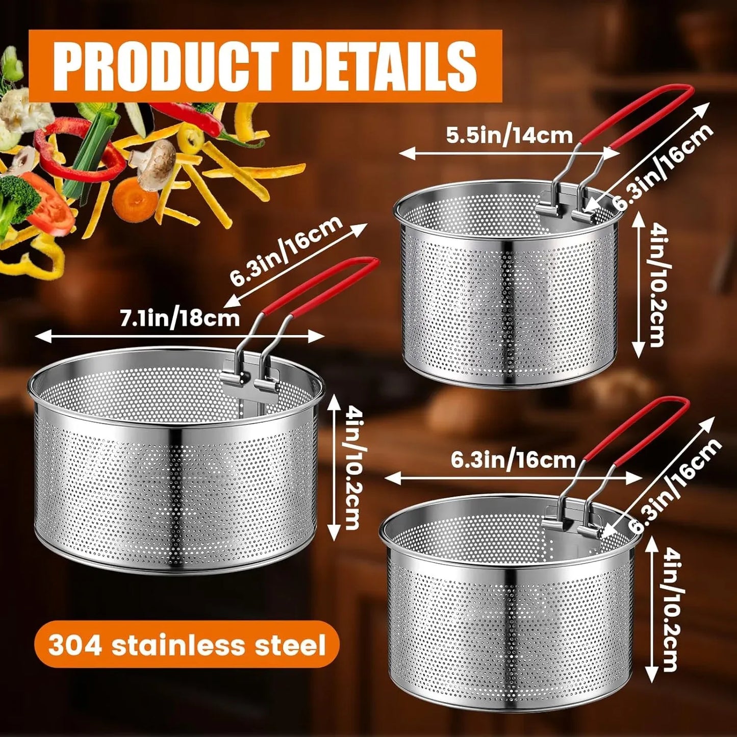 3 Pack 304 Stainless Steel Pasta Strainer Baskets, Removable Long Handle Noodle Blanchers