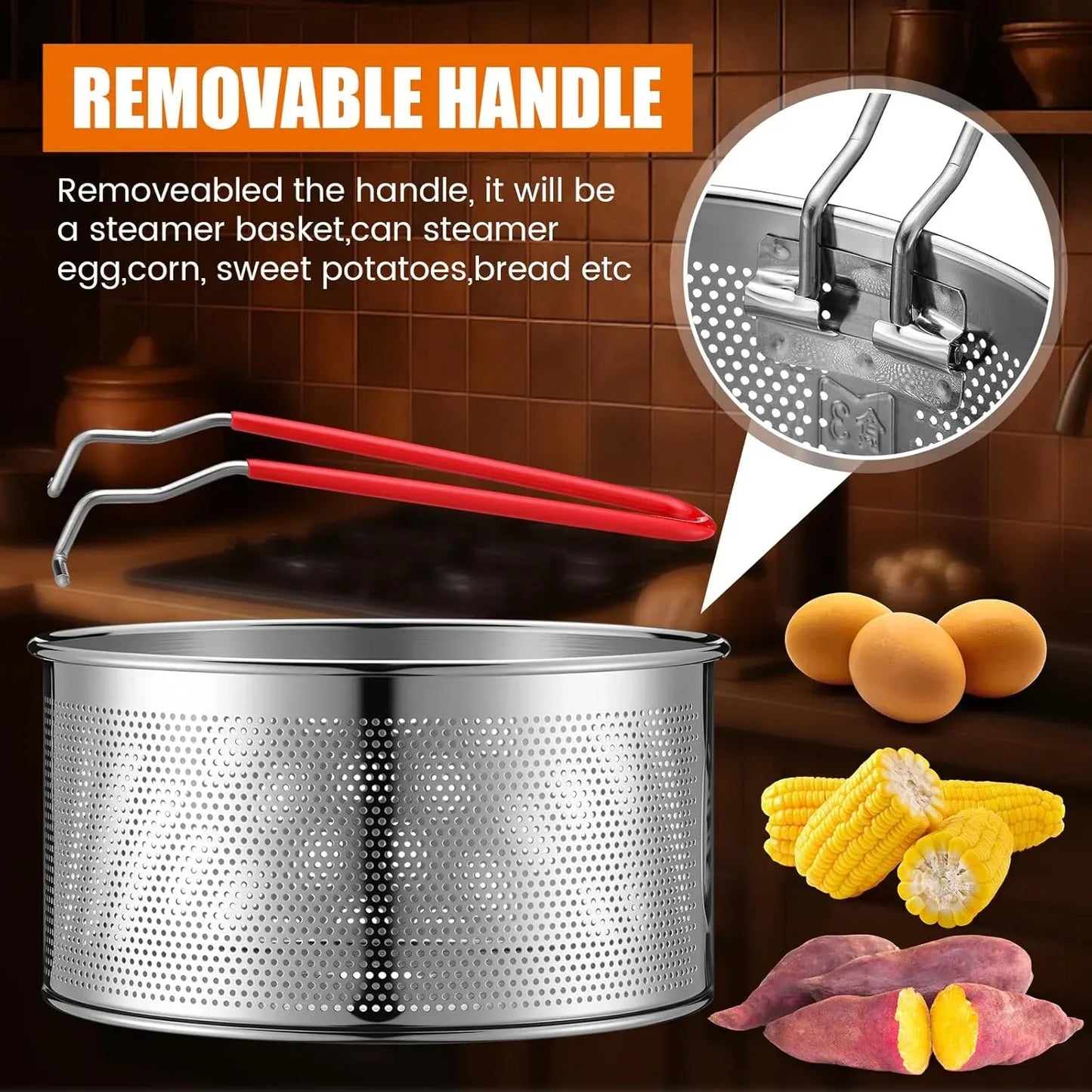 3 Pack 304 Stainless Steel Pasta Strainer Baskets, Removable Long Handle Noodle Blanchers