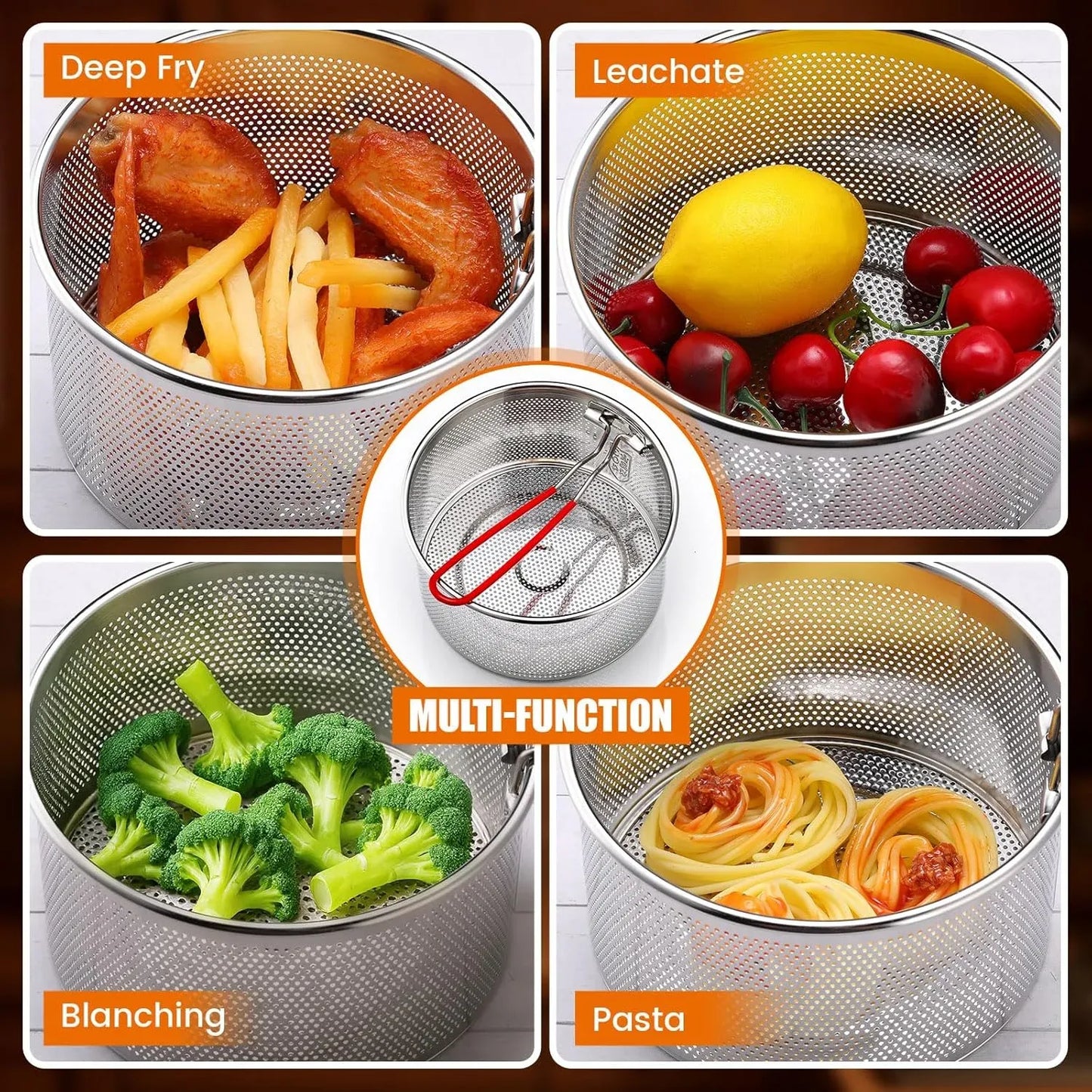 3 Pack 304 Stainless Steel Pasta Strainer Baskets, Removable Long Handle Noodle Blanchers