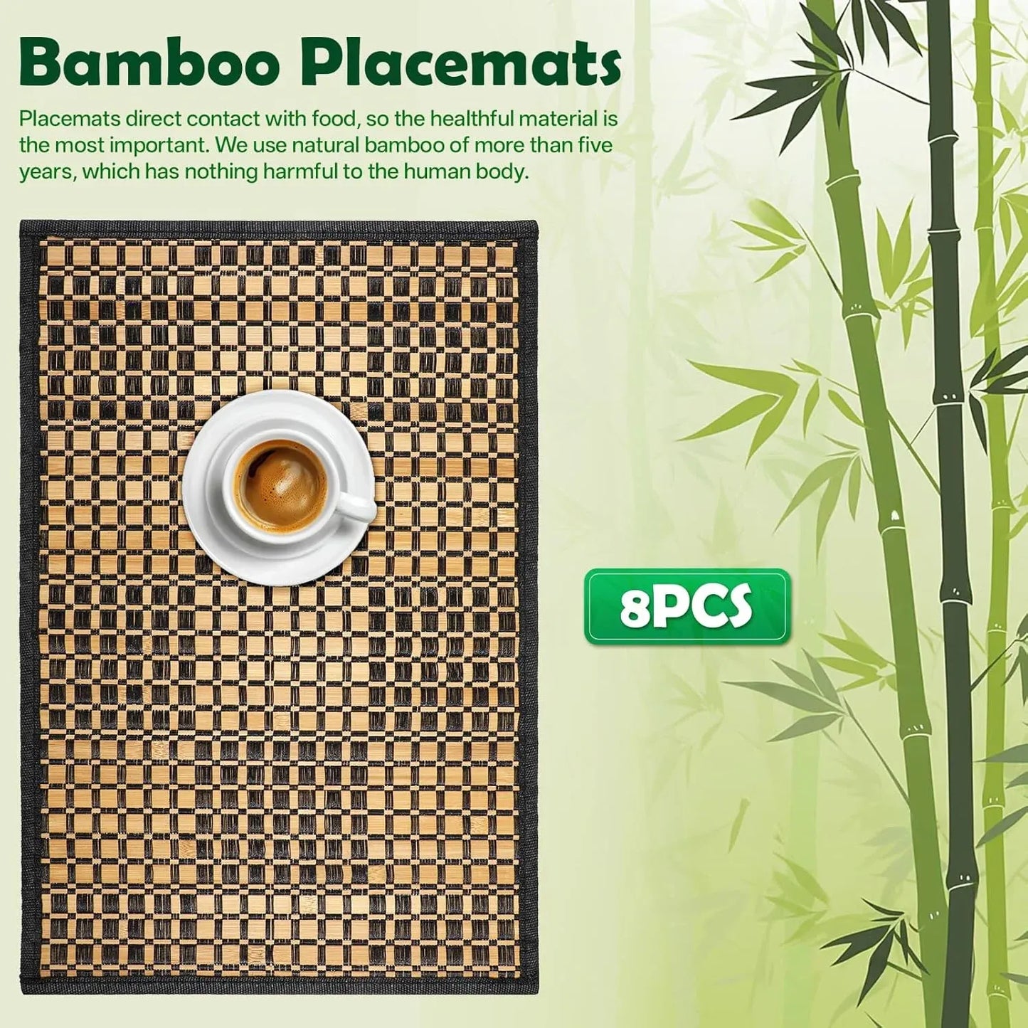 8 Pack Bamboo Placemats, Heat Resistant Anti Slip Washable Table Mats, Natural Black Brown