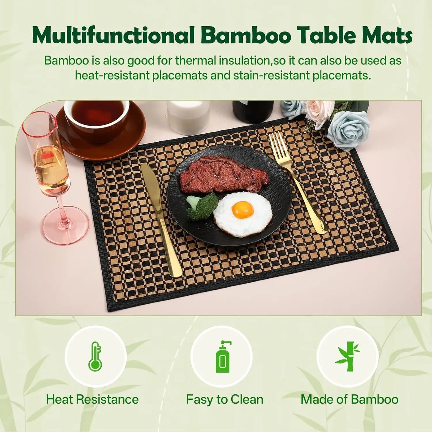 8 Pack Bamboo Placemats, Heat Resistant Anti Slip Washable Table Mats, Natural Black Brown