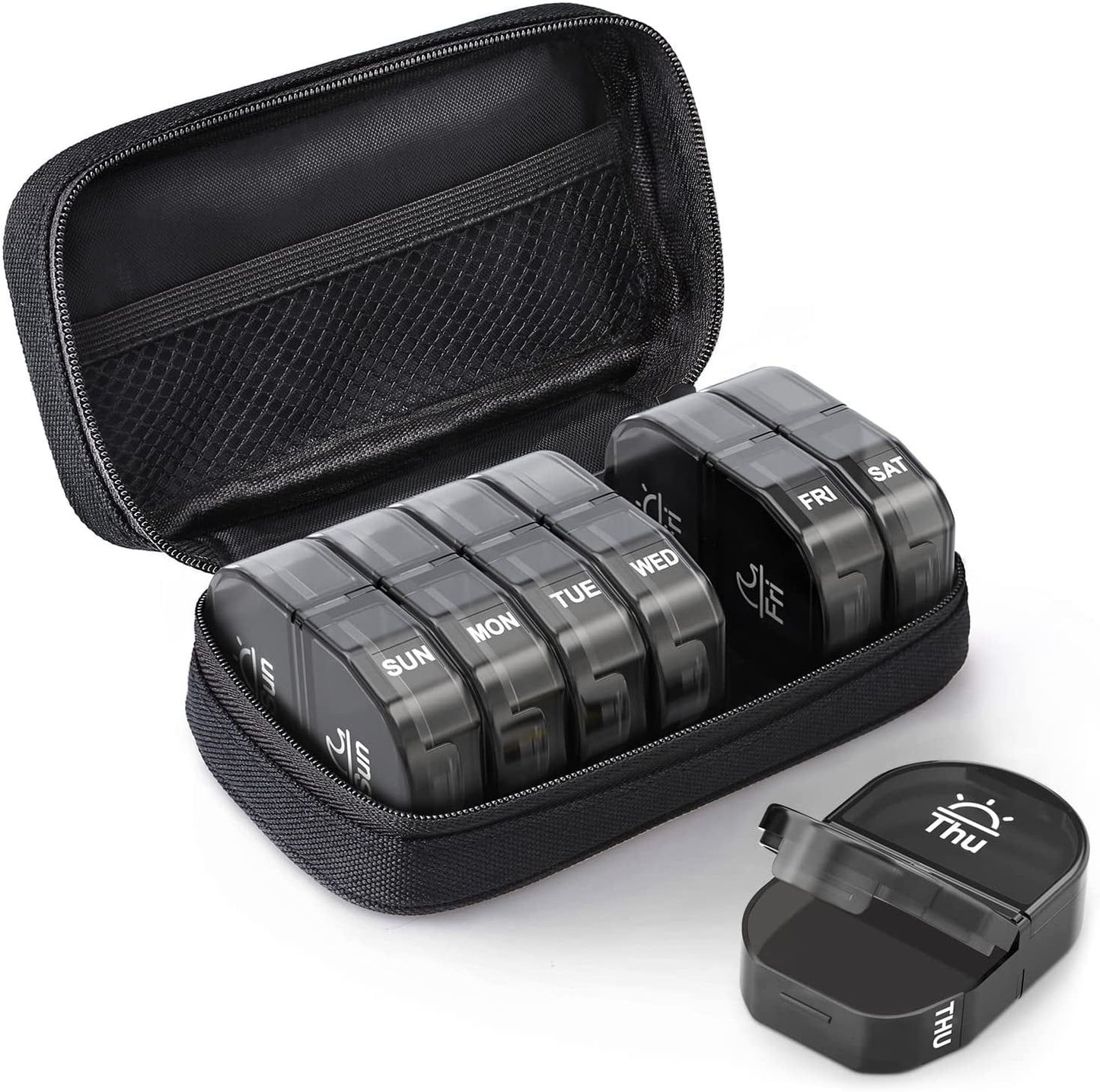 7 Day AM PM Pill Organizer, Large Travel Weekly Pill Case with Zipper Bag for Vitamins, Black