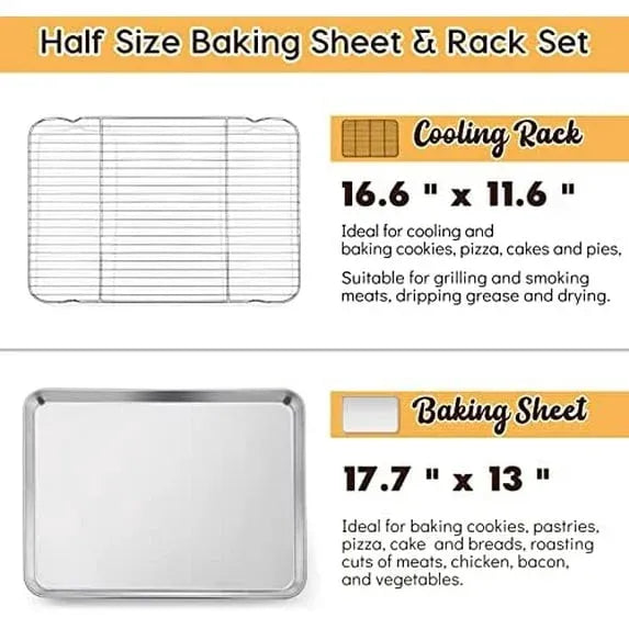 Half Sheet Baking Pan with Rack, Stainless Steel Oven Cookie Sheet Set for Cooking, 18 x 13 In