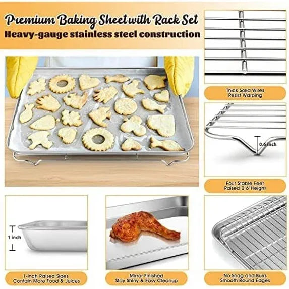 Half Sheet Baking Pan with Rack, Stainless Steel Oven Cookie Sheet Set for Cooking, 18 x 13 In