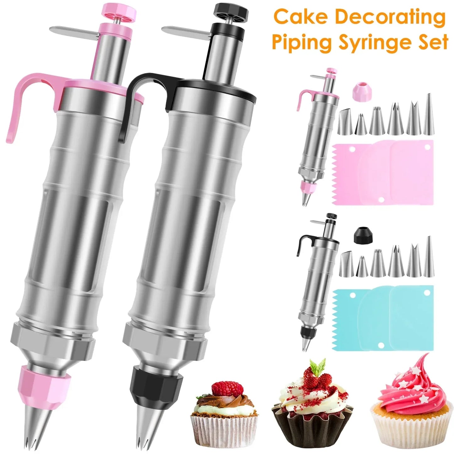 Cake Decorating Syringe Set, Stainless Steel Icing Dispenser with 6 Nozzles 3 Scrapers, Black
