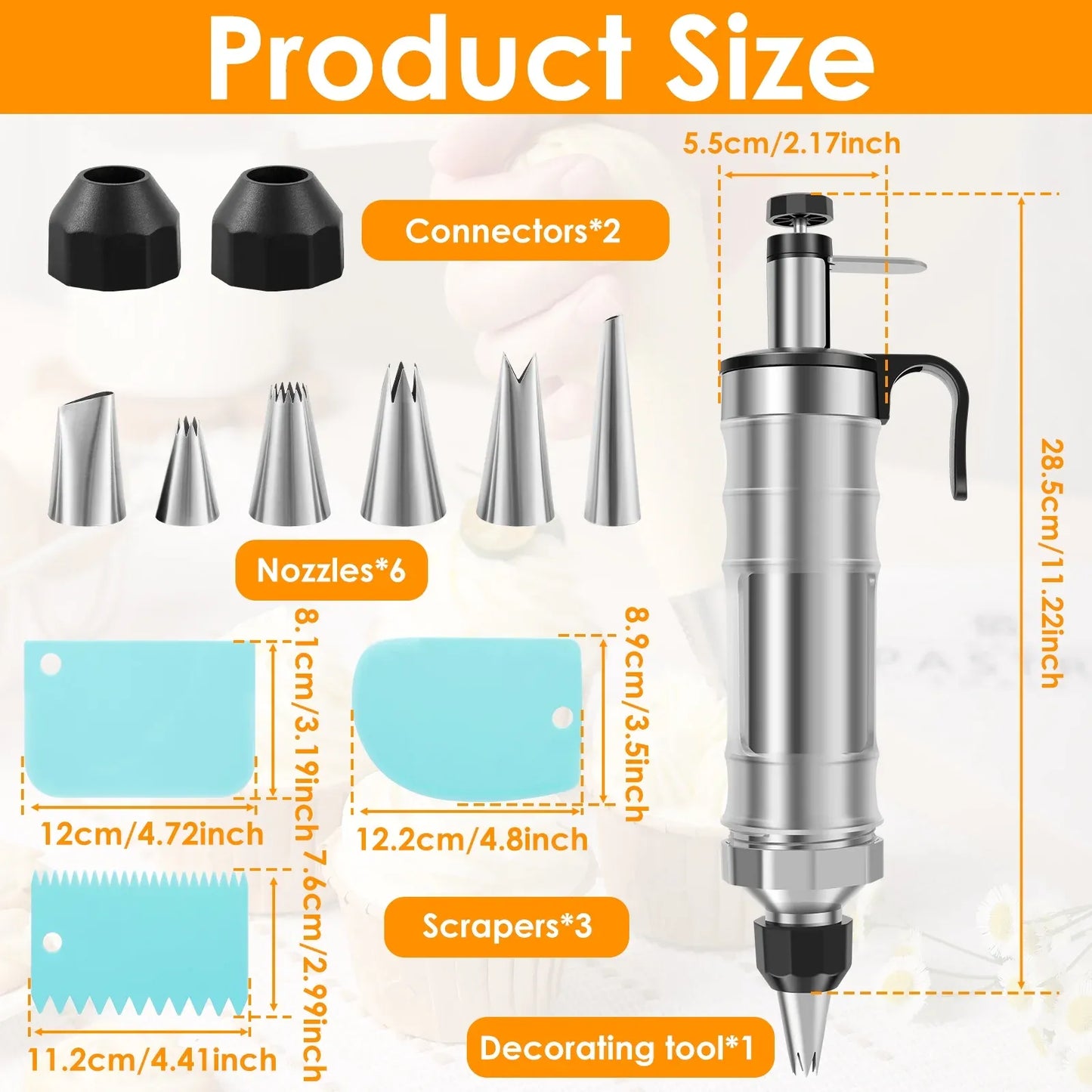 Cake Decorating Syringe Set, Stainless Steel Icing Dispenser with 6 Nozzles 3 Scrapers, Black
