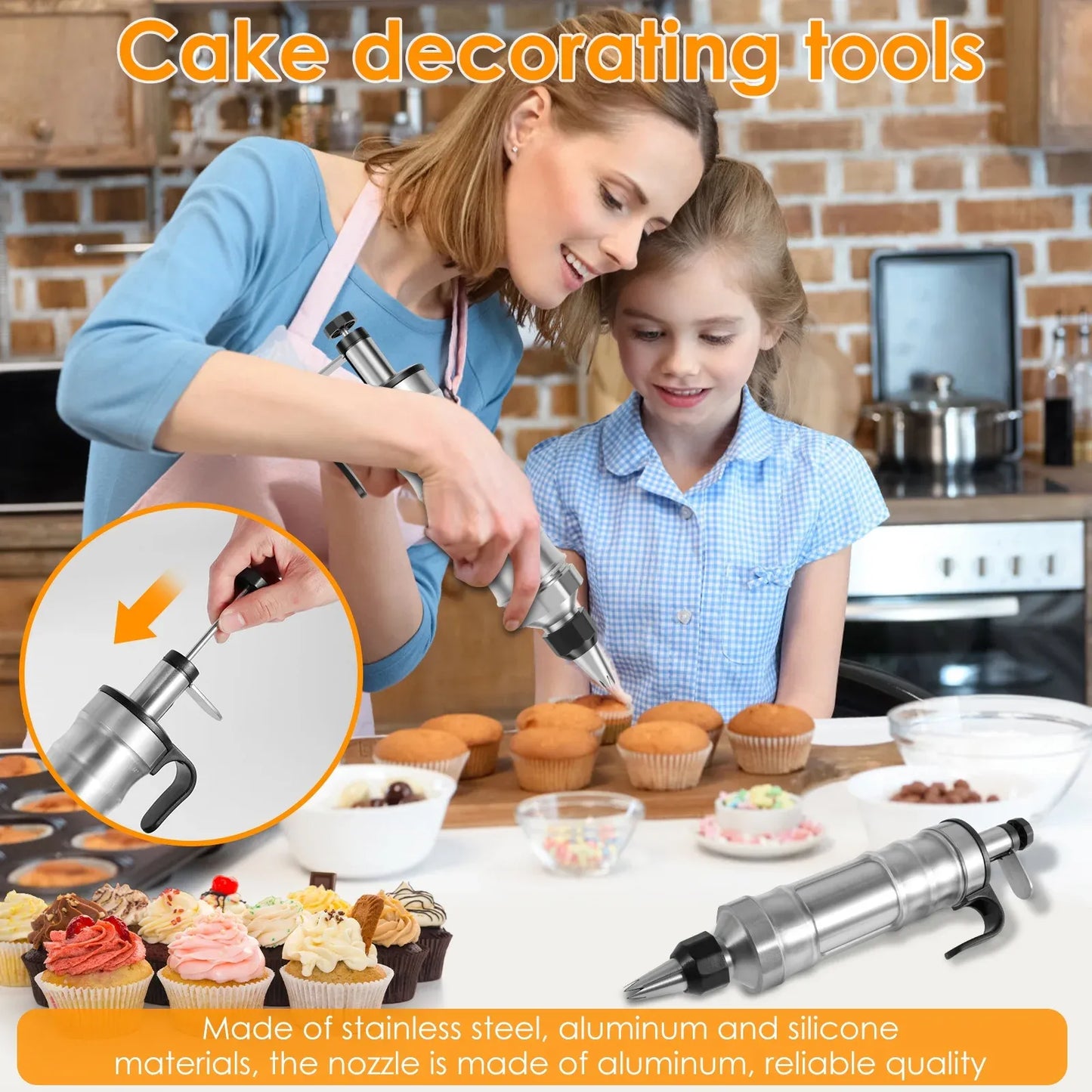 Cake Decorating Syringe Set, Stainless Steel Icing Dispenser with 6 Nozzles 3 Scrapers, Black