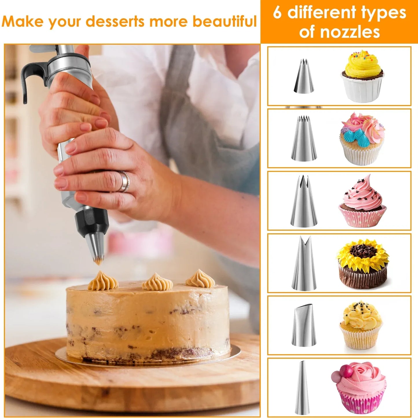 Cake Decorating Syringe Set, Stainless Steel Icing Dispenser with 6 Nozzles 3 Scrapers, Black