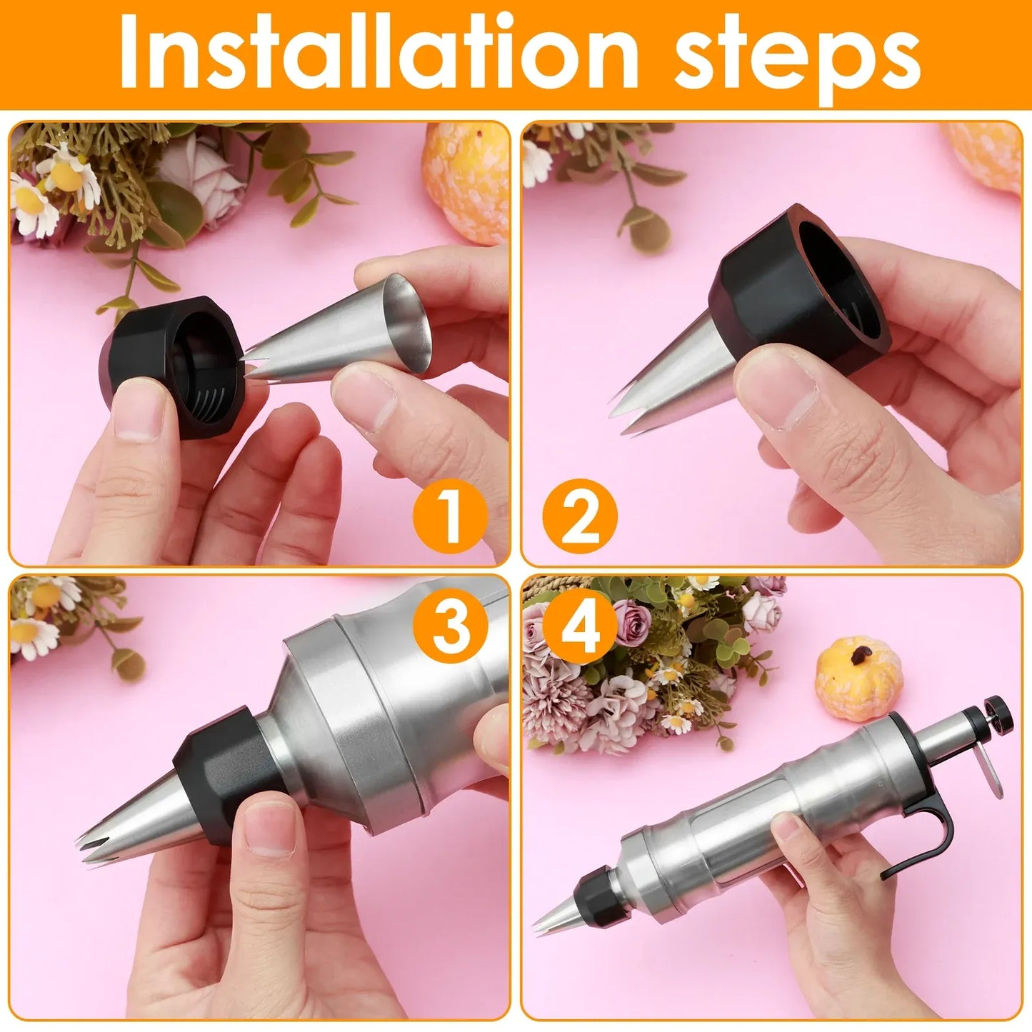 Cake Decorating Syringe Set, Stainless Steel Icing Dispenser with 6 Nozzles 3 Scrapers, Black