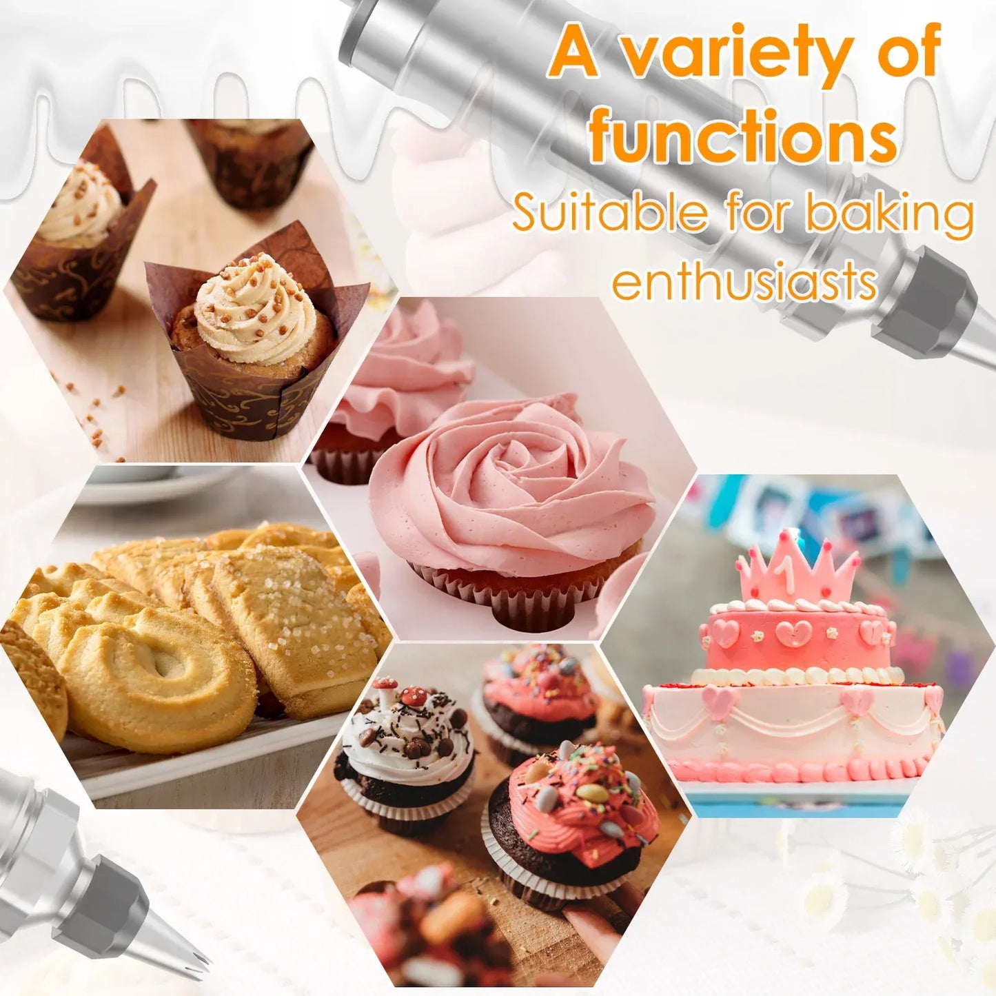 Cake Decorating Syringe Set, Stainless Steel Icing Dispenser with 6 Nozzles 3 Scrapers, Black