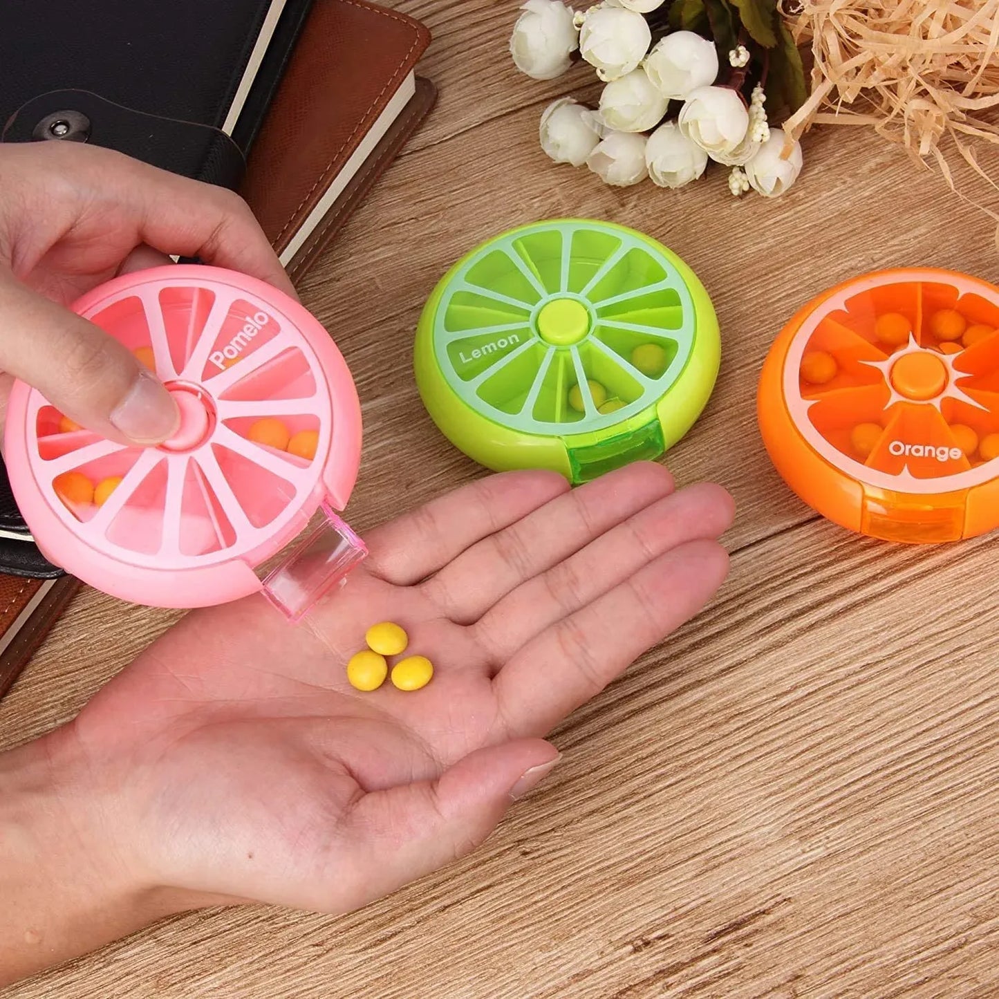 7 Day Rotary Pill Organizer Box, Portable 3 Compartment Medicine Case, Mixed Color 9cm