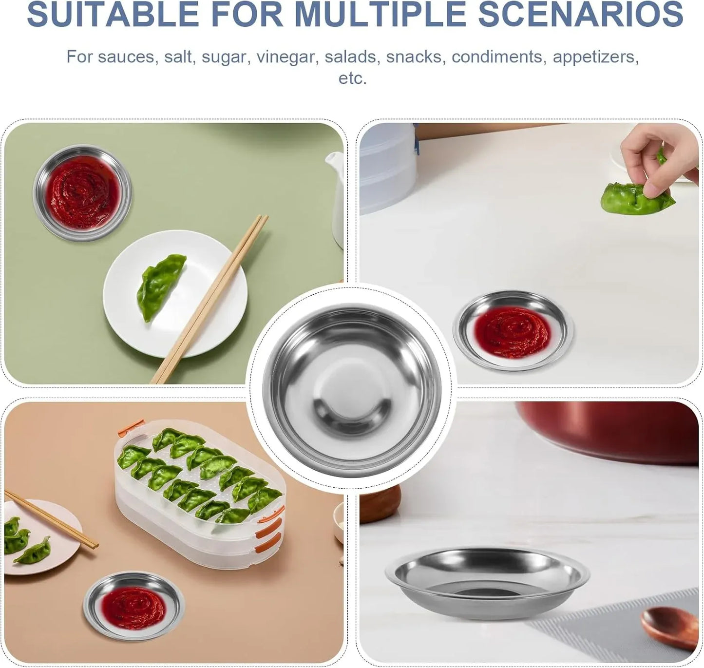 10 Pack 10cm Stainless Steel Dipping Dishes, Reusable Sauce Appetizer Plates for Camping, Silver