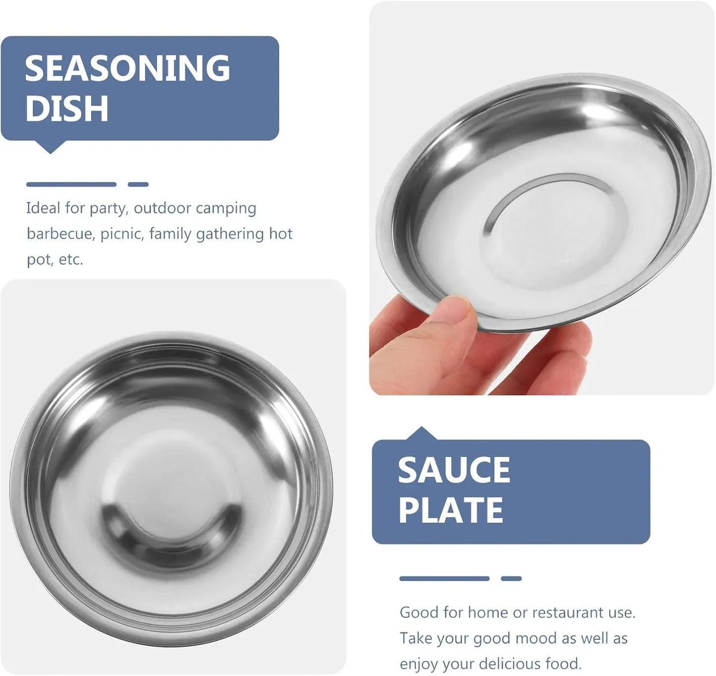 10 Pack 10cm Stainless Steel Dipping Dishes, Reusable Sauce Appetizer Plates for Camping, Silver
