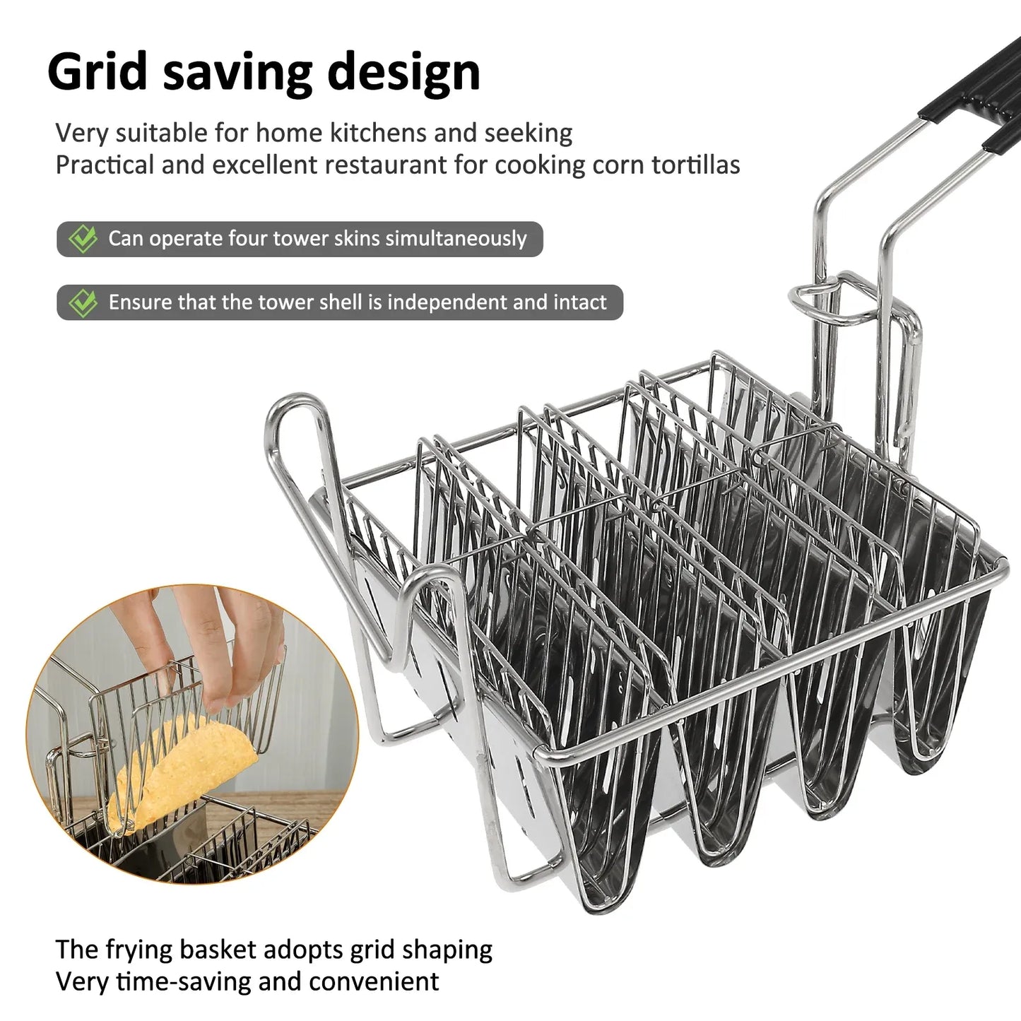 Stainless Steel Taco Shell Fryer Basket, 4 Shell Tortilla Fry Rack with Detachable Handle