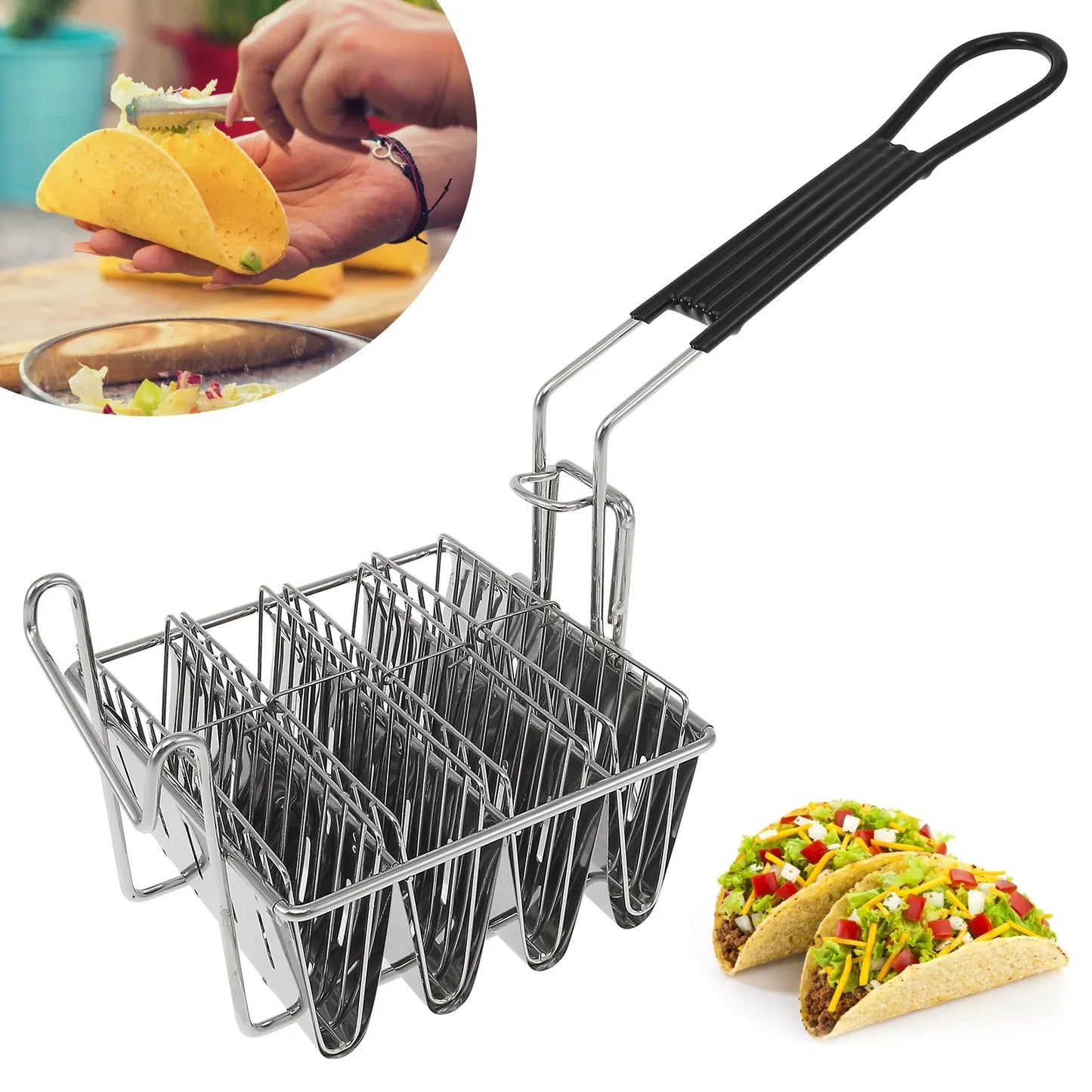 Stainless Steel Taco Shell Fryer Basket, 4 Shell Tortilla Fry Rack with Detachable Handle