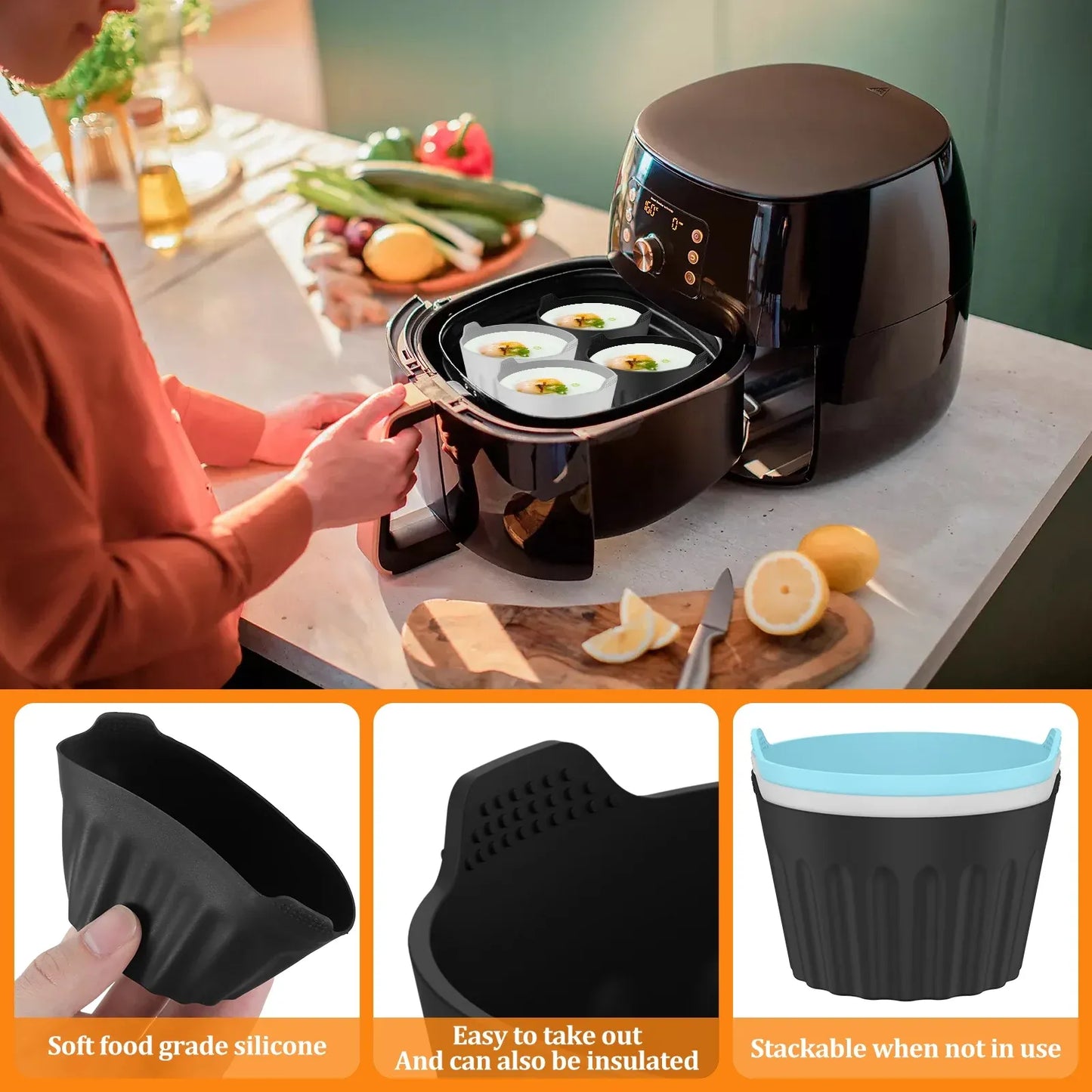 9 Pack Silicone Egg Poacher Cups, Reusable Non Stick Molds for 5-7 Qt Air Fryers Ovens