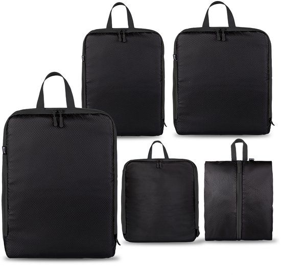 5-Piece Black Compression Packing Cube Set, Water-Resistant Luggage Organizers for Suitcases and Travel