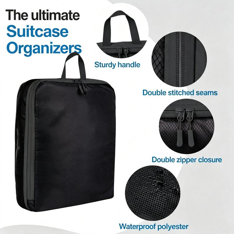 5-Piece Black Compression Packing Cube Set, Water-Resistant Luggage Organizers for Suitcases and Travel