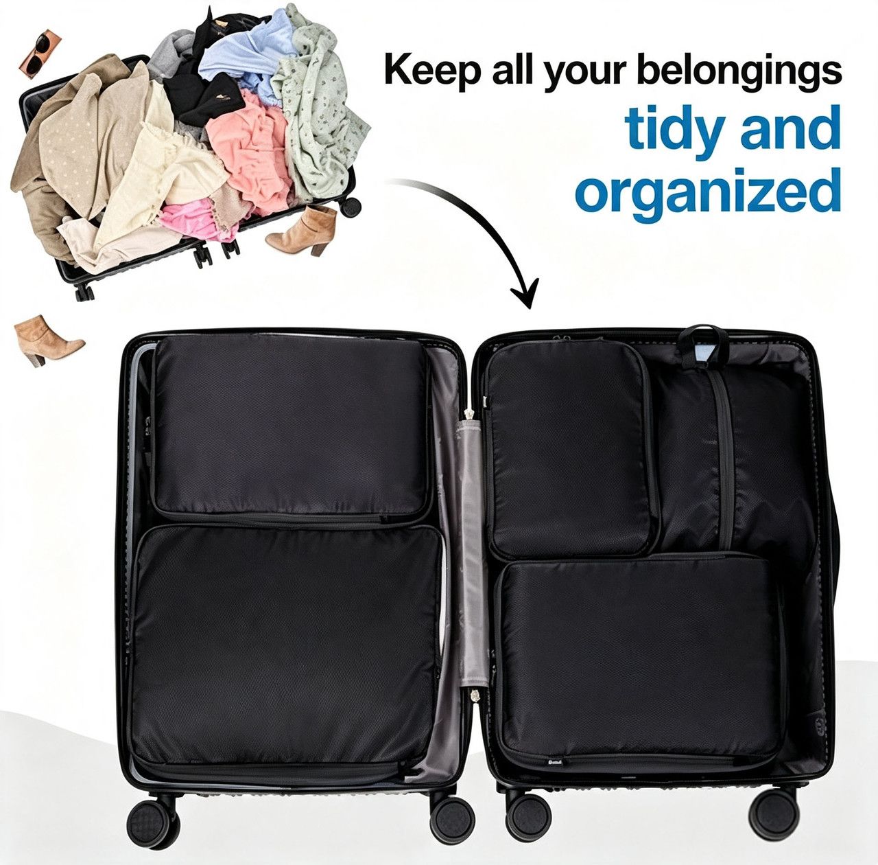 5-Piece Black Compression Packing Cube Set, Water-Resistant Luggage Organizers for Suitcases and Travel