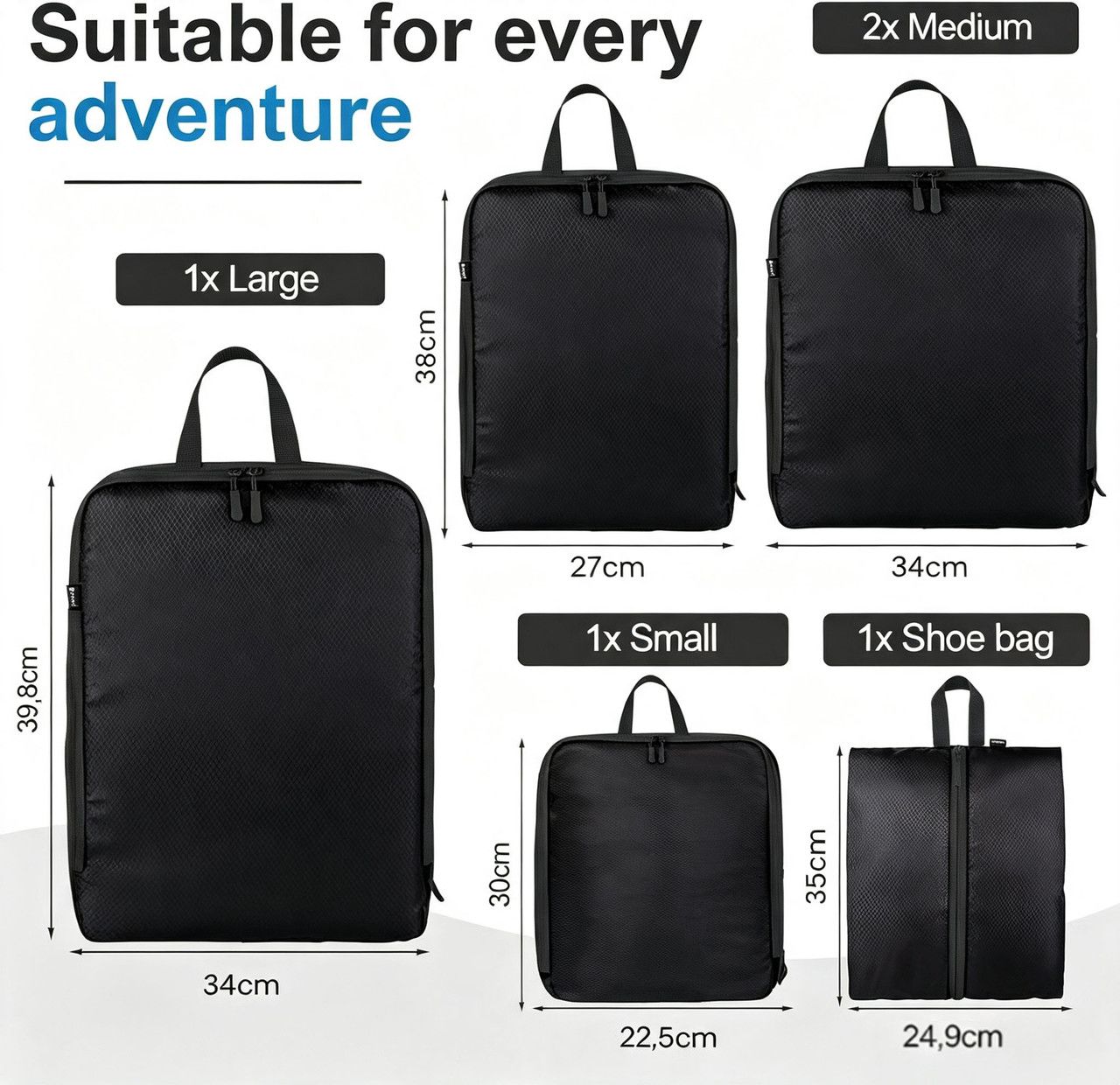 5-Piece Black Compression Packing Cube Set, Water-Resistant Luggage Organizers for Suitcases and Travel