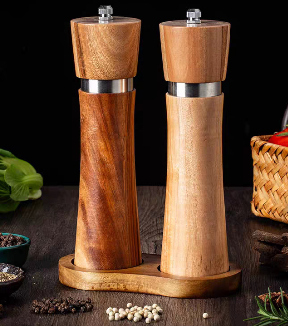 Acacia Wood Salt and Pepper Grinder Set with Ceramic Burrs, Adjustable Coarseness and Storage Base