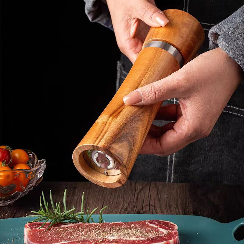 Acacia Wood Salt and Pepper Grinder Set with Ceramic Burrs, Adjustable Coarseness and Storage Base