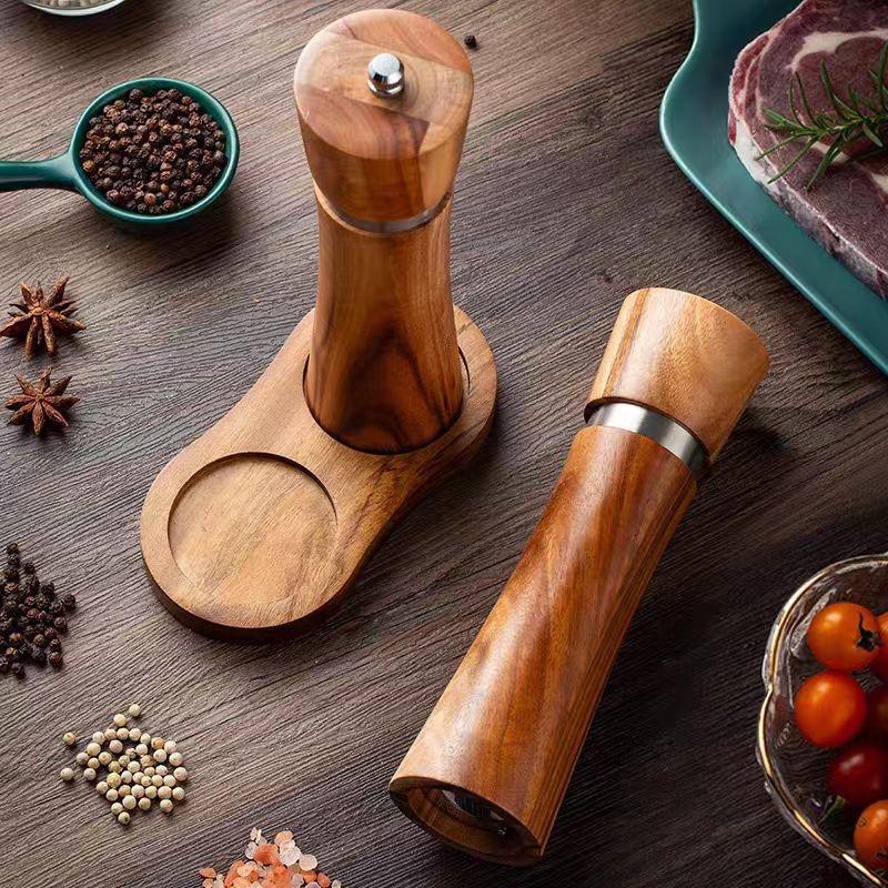 Acacia Wood Salt and Pepper Grinder Set with Ceramic Burrs, Adjustable Coarseness and Storage Base