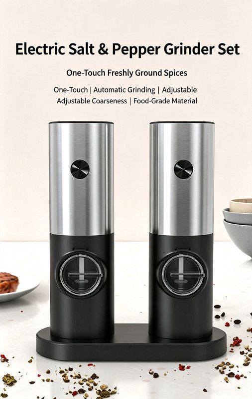 Electric Salt and Pepper Grinder Set with Storage Base, One-Touch Operation, Adjustable Coarseness and LED Light