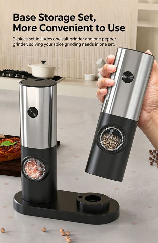 Electric Salt and Pepper Grinder Set with Storage Base, One-Touch Operation, Adjustable Coarseness and LED Light