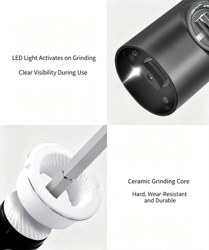 Electric Salt and Pepper Grinder Set with Storage Base, One-Touch Operation, Adjustable Coarseness and LED Light
