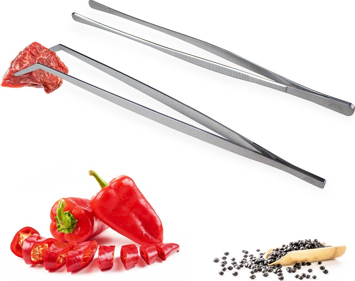 2-Pack 32 cm Stainless Steel Kitchen Tongs, Food Tweezers for Cooking, Plating and Grilling