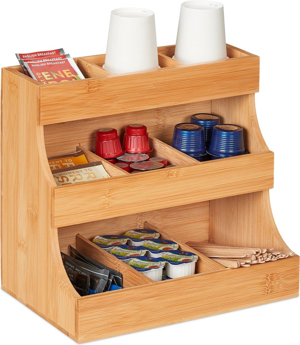 9-Compartment Bamboo Coffee and Tea Organizer for Cups, Pods and Sachets, 24 x 26.5 x 17.5 cm