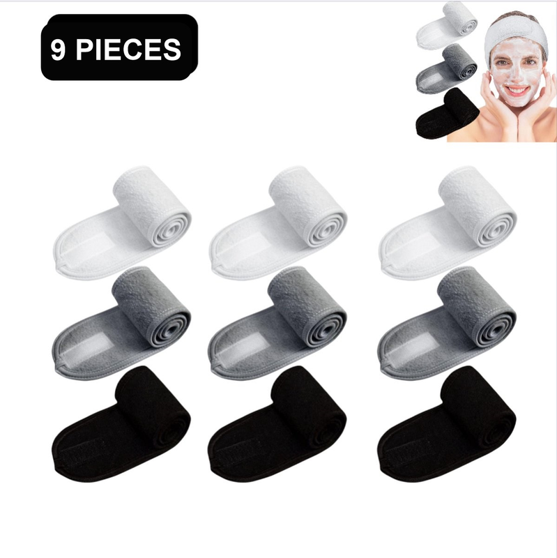 9-Pack Double-Layer Makeup Headbands, White, Grey and Black Stretch Hairbands for Skincare and Yoga