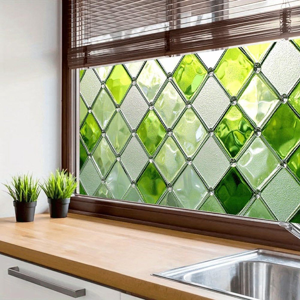 Green Stained Glass Privacy Window Film, Static-Cling Decorative Sticker, 100 x 45 cm
