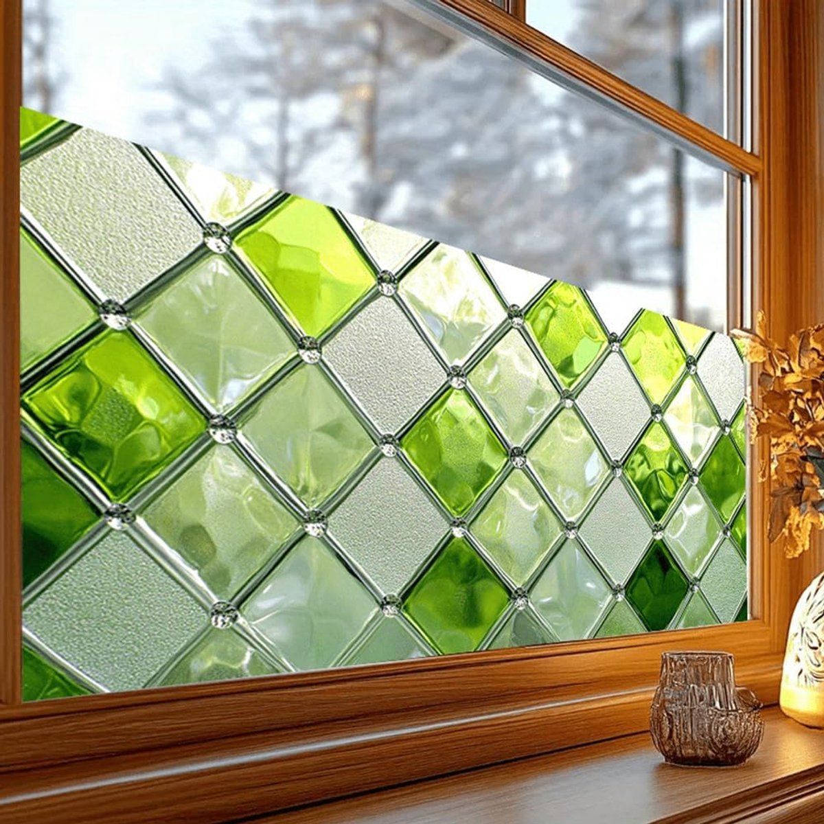 Green Stained Glass Privacy Window Film, Static-Cling Decorative Sticker, 100 x 45 cm