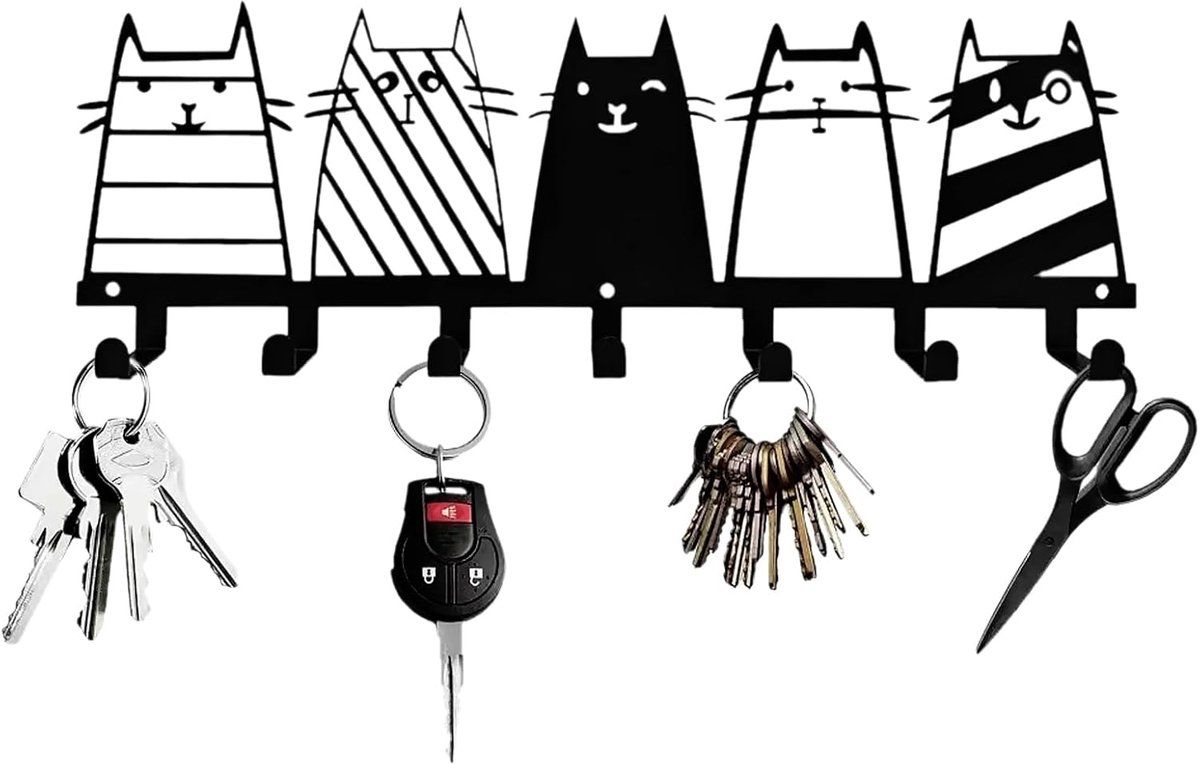 7-Hook Black Metal Cat Wall Rack, Decorative Key, Coat and Accessory Organizer