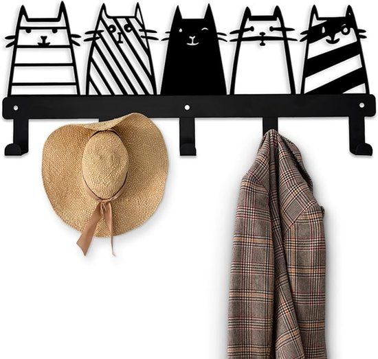 7-Hook Black Metal Cat Wall Rack, Decorative Key, Coat and Accessory Organizer