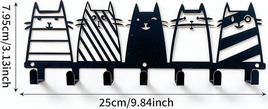 7-Hook Black Metal Cat Wall Rack, Decorative Key, Coat and Accessory Organizer