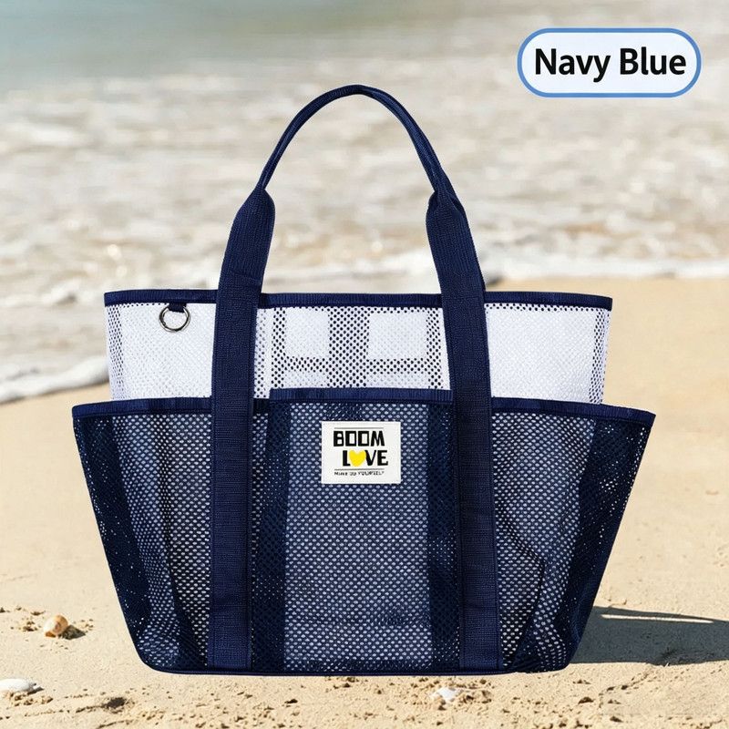 Large Mesh Beach Tote Bag, Multi-Pockets Breathable Swim Bag Portable Handbag Shoulder Bag for Swimming, Beach Travel, Pool Gym, Hold Towel Swimwear Toiletries Toys, Quick Dry Sandproof Lightweight Storage Handbag(Navy blue)